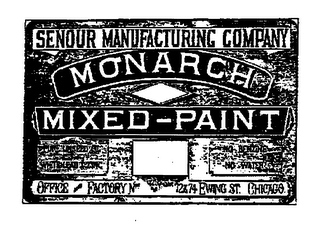 MONARCH MIXED PAINT SENOUR MANUFACTURING COMPANY, PURE LINSEED OIL, WHITE LEND & ZINC, NO BENZINE, NO WATER, OFFICE AND FACTORY NOS. 72 & 74 EWING ST. CHICAGO