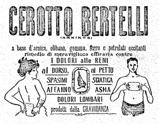 CEROTTO BERTELLI (ARNIKOS) A BASE D'ARNICA, OLIBANO, GOMMA, FERRO E PETROLATI ECCITANTI RIMEDIO DI MERAVIGLIOSA EFFICACIA CONTRO I DOLORI ALLE RENI AL DORSO, AL PETTO SPASIMI SCIATICA AFFANNO ASMA DOLORI LOMBARI PRODOTTI DALLA GRAVIDANZA A. BERTELLI & C. MILAND