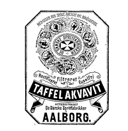 TAFFEL AKVAVIT AALBORG. MEDAILLER FOR SPRITAKVAVIT OG BRAENDEVIN. RECTIFICERET FUSELFRI FILTRERET DE DANSKE SPRITFABRIKKER