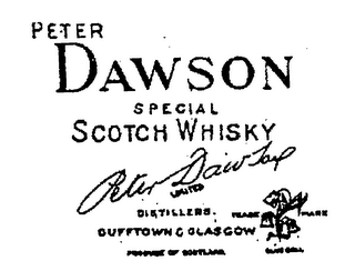 PETER DAWSON SPECIAL SCOTCH WHISKY DUFFTOWN & GLASGOW PRODUCE OF SCOTLAND BLUEBELL