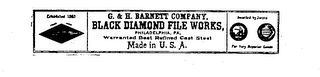 G & H BARNETT COMPANY, BLACK DIAMOND FILE WORKS, PHILADELPHIA, PA. WARRANTED BEST REFINED CAST STEEL MADE IN U.S.A. ESTABLISHED 1863 AWARDED BY JURORS FOR VERY SUPERIOR GOODS