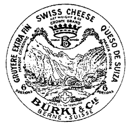 CROWN BRAND BURKI & CIE SWISS CHEESE GRUYERE EXTRA FIN MARQUE COURONNE Q'UESO DE SUIZA MARCA CORONA 6 PORTIONS NET WEIGHT 8 OZ. MADE IN SWITZERLAND BERNE-SUISSE trademark