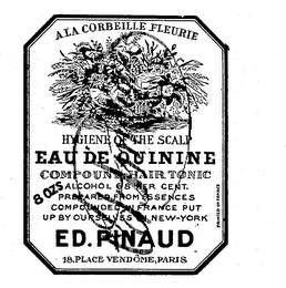 A LA CORBEILLE FLEURIE HYGIENE OF THE SCALP EAU DE QUININE COMPOUND HAIR TONIC 8 OZS ALCOHOL 68 PER CENT. PREPARED FROM ESSENCES COMPOUNDED IN FRANCE PUT UP BY OURSELVES IN NEW-YORK ED. PINAUD 18, PLACE VENDOME, PARIS PRINTED IN FRANCE