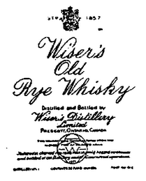 WISER'S OLD RYE WHISKEY DISTILLED AND BOTTLED BY WISER'S DISTILLERY LIMITED PRESCOTT, ONTARIO, CANADA EST'D. 1857 W THIS WHISKEY WAS MANUFACTURED FROM THE HIGHEST TYPE OF SELECTED GRAIN TRADE-MARK MATURED IN CHARRED OAK CASKS UNIFORMLY HEATED WAREHOUSES AND BOTTLED AT THE DISTILLERY UNDER GOVERNMENT SUPERVISION DISTILLERY NO. 1 CONTENTS 32 FLUID OUNCES PORT NO.415