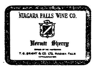 HERMIT SHERRY NIAGARA FALLS WINE CO. T.G. BRIGHT & CO. LTD NIAGARA FALLS ESTABLISHED 1874 BOTTLED BY THE PROPRIETORS