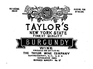 TWCO TAYLOR'S NEW YORK STATE FINEST QUALITY BURGUNDY WINE PRODUCED AND BOTTLED BBY THE TAYLOR WINE COMPANY HAMMONDSPORT, N.Y. U.S.A. ESTABLISHED 1880