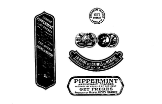 PIPPERMINT ARTIFICIALLY COLORED ALCOHOL BY VOLUME 27 PERCENT GET FRERES PRODUCT OF REVEL FRANCE GENUINE PIPPERMINT THE QUEEN CREME DE MENTHE LA REINE DES CREMES DE MENTHE MEDAILLES OR EXP. UN PARIS 1889-1900