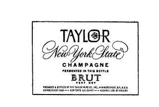 TAYLOR NEW YORK STATE CHAMPAGNE FERMENTED IN THIS BOTTLE BRUT VERY DRY PRODUCED & BOTTLED BY THE TAYLOR WINE CO. INC. HAMMONDSPORT, N.Y. USA ESTABLISHED 1880...CONTENTS 4/5 QUART...ALCOHOL 12% BY VOLUME