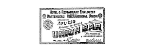 UNION BAR HOTEL & RESTAURANT EMPLOYEES AND BARTENDERS INTERNATIONAL UNION AFFILIATED WITH AFL-CIO RECOGIZES THIS BAR AS A UNION BAR AND WORTHY OF THE SUPPORT OF ORGANIZED LABOR