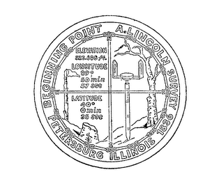 BEGINNING POINT A. LINCOLN SURVEY PETERSBURG ILLINOIS 1836 ELEVATION 523.608 FT.  LONGITUDE 89 50MIN 57 SEC LATITUDE 40 0 MIN 35 SEC