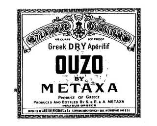 OUZO BY METAXA GREEK DRY APERITIF PRODUCE OF GREECE PRODUCED AND BOTTLED BY S.&E.&A. METAXA PIRAEUS GREECE