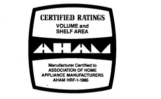 AHAM CERTIFIED RATINGS VOLUME AND SHELF AREA MANUFACTURER CERTIFIED TO ASSOCIATITION OF HOME APPLIANCE MANUFACTURERS AHAM HRF-1-1986