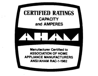 AHAM CERTIFIED RATINGS CAPACITY AND AMPERES MANUFACTURER CERTIFIED TO ASSOCIATION OF HOME APPLIANCE MANUFACTURERS ANSI/AHAM RAC-1-1982