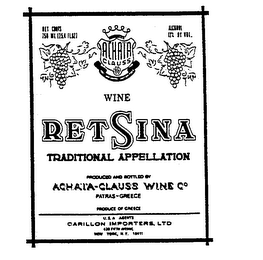 ACHAIA CLAUSS 1861 WINE RETSINA TRADITIONAL APPELLATION PRODUCED AND BOTTLED BY ACHAIA-CLAUSS WINE CO PATRAS-GREECE PRODUCE OF GREECE