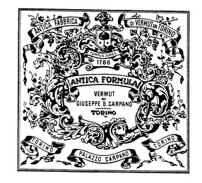 ANTICA FABBRICA DI VERMUT IN TORINO TEMPUS JUDEX 1786 ANTICA FORMULA VERMUT DI GIUSEPPE B. CARPANO TORINO TORINO PALAZZO CARPANO TORINO