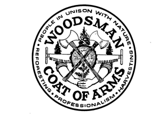 WOODSMAN COAT OF ARMS PEOPLE IN UNISON WITH NATURE REFORESTING PROFESSIONALISM HARVESTING