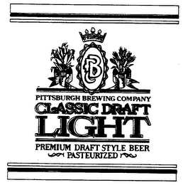 PBC PITTSBURGH BREWING COMPANY CLASSIC DRAFT LIGHT PREMIUM DRAFT STYLE BEER PASTEURIZED