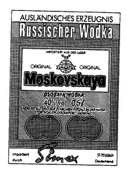 AUSLANDISCHES ERZEUGNIS RUSSISCHER WODKA IMPORTIERT AUS DER UDSSR ORIGINAL ORIGINAL MOSKOVSKAYA OSOBAYA WODKA 40% VOL 0,5L HERGESTELLT UND AUF FLASCHEN GEFULLT IN DER UDSSR FUR SOJUZPLODOIMPORT MOSKAU IMPORTIERT DURCH SIMEX 5170 JULICH DEUTSCHLAND