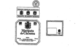 MARQUES DE CACERES "PRODUCIDO Y EMBOTELLADO EN RIOJA ALTA" "MARQUES DE CACERES" CENICERO ESPANA SPAIN RIOJA 12.5% VOL. 75 CL. E 1842 DENOMINACION DE ORIGEN EMBOTELLADO POR UNION VTTI-VINICOLA, S.A. CENICERO - RIOJA ALTA - ESPANA