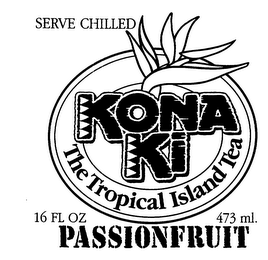 KONA KI THE TROPICAL ISLAND TEA SERVED CHILLED PASSION FRUIT 16 FL OZ 473 ML.