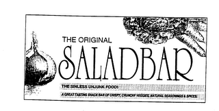 THE ORIGINAL SALADBAR THE SINLESS UNJUNK FOOD! A GREAT TASTING SNACK BAR OF CRISPY, CRUNCHY VEGGIES, NATURAL SEASONINGS & SPICES