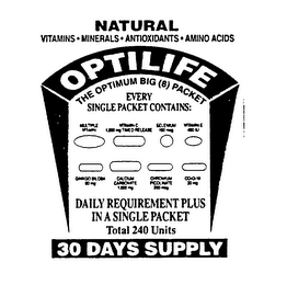 NATURAL VITAMINS-MINERALS-ANTIOXIDANTS-AMINO ACIDS OPTILIFE THE OPTIMUM BIG 8 PACKET EVERY SINGLE PACKET CONTAINS: MULTIPLE VITAMINS VITAMIN C 1,000 MG. TIMED RELEASE, SELEMUM 100 MG, VITAMIN E 400 NJ, GMKGO BILOBA 60 MG CALCIUM CARBONATE 1,000 MG CHROMIUM PICOLINATE 200 MG, CO-010 30 MG DAILY REQUIREMENT PLUS IN A SINGLE PACKET TOTAL 240 UNITS 30 DAYS SUPPLY