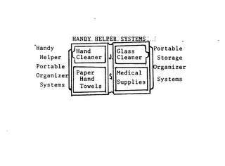 HANDY HELPER SYSTEMS HANDY HELPER PORTABLE ORGANIZER SYSTEMS HAND CLEANER PAPER HAND TOWELS GLASS CLEANER MEDICAL SUPPLIES PORTABLE STORAGE ORGANIZER SYSTEMS