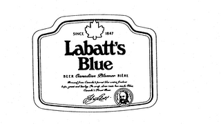 LABATT'S BLUE SINE 1847 BEER CANADIAN PILSENER BIERE BREWED FROM CANADA'S PUREST BLUE WATER, FRESHEST HOPS, YEAST AND BARLEY. ITS CRISP, CLEAN TASTE HAS MADE BLUE CANADA'S FINEST BEER. QUALITY FRESHNESS PURITY