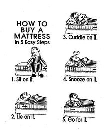 HOW TO BUY A MATTRESS IN 5 EASY STEPS 1. SIT ON IT. 2. LIE ON IT. 3. CUDDLE ON IT. 4. SNOOZE ON IT. 5. GO FOR IT.