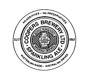 COOPERS BREWERY LTD SPARKLING ALE EST. 1862 NO ADDITIVES NO PRESERVATIVES AUSTRALIAN MADE AUSTRALIAN OWNED BOTTLE FERMENTED NATURALLY BREWED AT UPPER KINSINGTON BREWERY