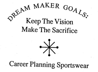 DREAM MAKER GOALS: KEEP THE VISION MAKE THE SACRIFICE CAREER PLANNING SPORTSWEAR