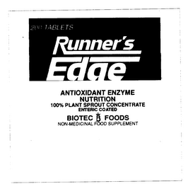 RUNNER'S EDGE ANTIOXIDANT ENZYME NUTRITION 100% PLANT SPROUT CONCENTRATE ENTERIC COATED BIOTEC FOODS NON-MEDICINAL FOOD SUPPLEMENT 200 TABLETS