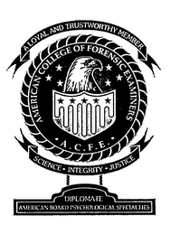 DIPLOMATE AMERICAN BOARD PSYCHOLOGICAL SPECIALTIES AMERICAN COLLEGE OF FORENSIC EXAMINERS A.C.F.E. A LOYAL AND TRUSTWORTHY MEMBER SCIENCE INTEGRITY JUSTICE