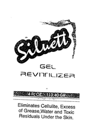 SILUETT GEL REVITILIZER 4FL OZ 113.40 GR ELIMINATES CELLULITE, EXCESS OF GREASE, WATER AND TOXIC RESIDUALS UNDER THE SKIN.  USE AS DIRECTED: THIS PRODUCT IS JUST FOR MASSAGES IN AREA WITH CELLULITE.