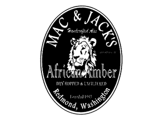 MAC & JACK'S AFRICAN AMBER HANDCRAFTED ALES DRY HOPPED & UNFILTERED FOUNDED 1993 REDMOND, WASHINGTON BREWING CO. INC.