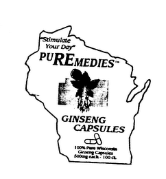 STIMULATE YOUR DAY PUREREMEDIES GINSENG CAPSULES 100 % PURE WISCONSIN GINSENG CAPSULES 500MG EACH-100 CT.