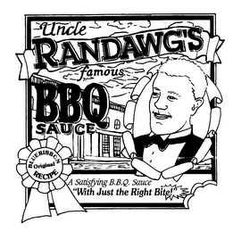 UNCLE RANDAWG'S FAMOUS BBQ SAUCE A SATISFYING BBQ SAUCE "WITH JUST THE RIGHT BITE!" ORIGINAL BLUE RIBBON RECIPE