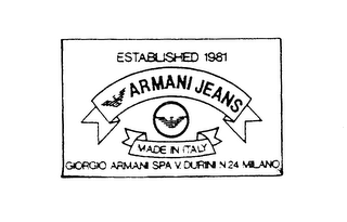 ESTABLISHED 1981 ARMANI JEANS MADE IN ITALY GIORGIO ARMANI SPA V. DURINI N 24 MILANO