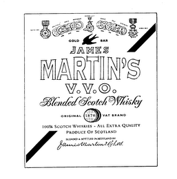 GOLD BAR JAMES MARTIN'S V.V.O. BLENDED SCOTCH WHISKY ORIGINAL 1878 VAT BRAND 100% SCOTCH WHISKIES - ALL EXTRA QUALITY PRODUCE OF SCOTLAND BLENDED & BOTTLED IN SCOTLAND BY JAMESMARTIN BLTD.