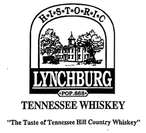 HISTORIC LYNCHBURG POP.668 TENNESSEE WHISKEY "THE TASTE OF TENNESSEE HILL COUNTRY WHISKEY"