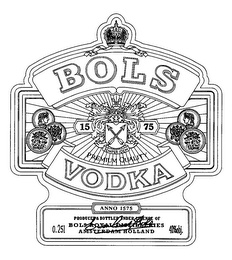 BOLS VODKA 1575 SEMPER IDEM PREMIUM QUALITY ANNO 1575 PRODUCED & BOTTLED UNDER LICENCE OF BOLS ROYAL DISTILLERIES AMSTERDAM HOLLAND 0.251 40% OBJ