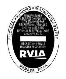 ELECTRICAL PLUMBING HEATING FIRE SAFETY MEMBER R.V.I.A MANUFACTURER CERTIFIES COMPLIANCE WITH STANDARD FOR RECREATIONAL VEHICLES ANSINO. A119.2 AND NATIONAL ELECTRICAL CODE ANSI/NFPA NO.70 RECREATION VEHICLE INDUSTRY ASSOCIATION RVIA