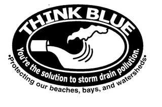 THINK BLUE YOU'RE THE SOLUTION TO STORM DRAIN POLLUTION.  PROTECTING OUR BEACHES, BAYS, AND WATERSHEDS