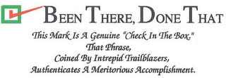 BEEN THERE, DONE THAT THIS MARK IS A GENUINE "CHECK IN THE BOX." THAT PHRASE, COINED BY INTREPID TRAILBLAZERS, AUTHENTICATES A MERITORIOUS ACCOMPLISHMENT.