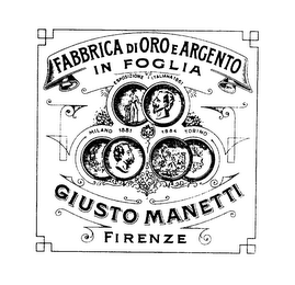 FABBRICA DI ORO E ARGENTO IN FOGLIA GIUSTO MANETTI FIRENZE ESPOSIZIONE ITALIANA 1861 MILANO 1881 1884 TORINO