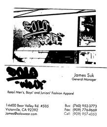 SOLO "WEAR" JAMES SUK GENERAL MANAGER RENTAL MEN'S BOYS' AND JUNIORS' FASHION APPAREL