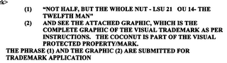 (1) "NOT HALF, BUT THE WHOLE NUT - LSU 21 OU 14- THE TWELFTH MAN" (2) AND SEE THE ATTACHED GRAPHIC, WHICH IS THE COMPLETE GRAPHIC OF THE VISUAL TRADEMARK AS PER INSTRUCTIONS. THE COCONUT IS PART OF THE VISUAL PROTECTED PROPERTY/MARK.  THE PHRASE (1) AND THE GRAPHIC (2) ARE SUBMITTED FOR TRADEMARK APPLICATION