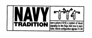 NAVY TRADITION SEM-A-PHORE (1816) A SYSTEM OF VISUAL SIGNALING BY TWO FLAGS HELD ONE IN EACH HAND. ABOVE CONFIGURATION SIGNALS R-U-M