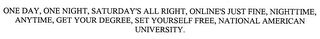 ONE DAY, ONE NIGHT, SATURDAY'S ALL RIGHT, ONLINE'S JUST FINE, NIGHTTIME, ANYTIME, GET YOUR DEGREE, SET YOURSELF FREE, NATIONAL AMERICAN UNIVERSITY.