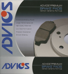 ADVICS ADVICS PREMIUM BRAKE PADS CARBON CERAMIC FORMULA EXCEPTIONAL BRAKING POWER LONGER PERFORMANCE LIFE HIGH QUALITY MATERIALS LOW DUST FORMULATION PRECISION ENGINEERED SMOOTH BRAKING